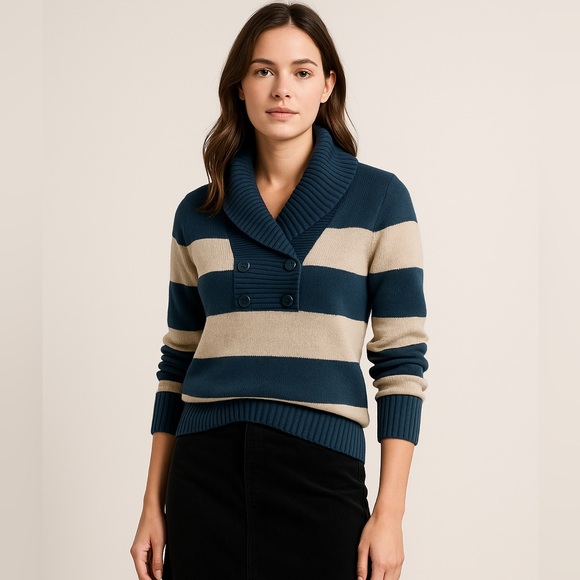 Banana Republic Shawl Collar Striped Sweater – Blue & Tan Knit - Picture 1 of 4